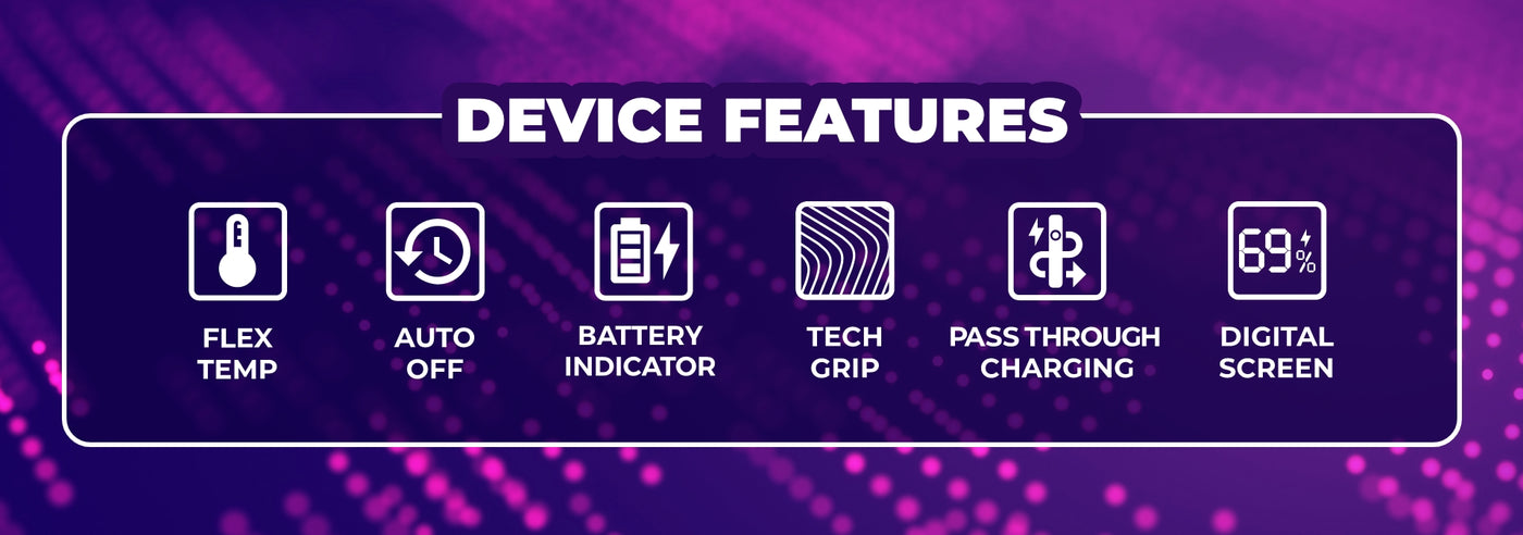 The Device Features of the Ooze Digit 510 Smart Battery are Flex Temp, Auto Off, Battery Indicator, Tech Grip, Pass Through Charging, and a Digital Screen. The Ooze branded icons are displayed on a dark purple rounded rectangle over a neon pink colored LED background image.