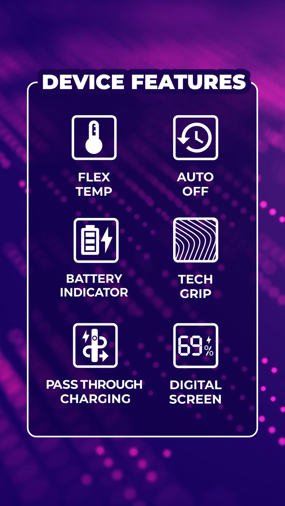 The Device Features of the Ooze Digit 510 Smart Battery are Flex Temp, Auto Off, Battery Indicator, Tech Grip, Pass Through Charging, and a Digital Screen. The Ooze branded icons are displayed on a dark purple rounded rectangle over a neon pink colored LED background image.