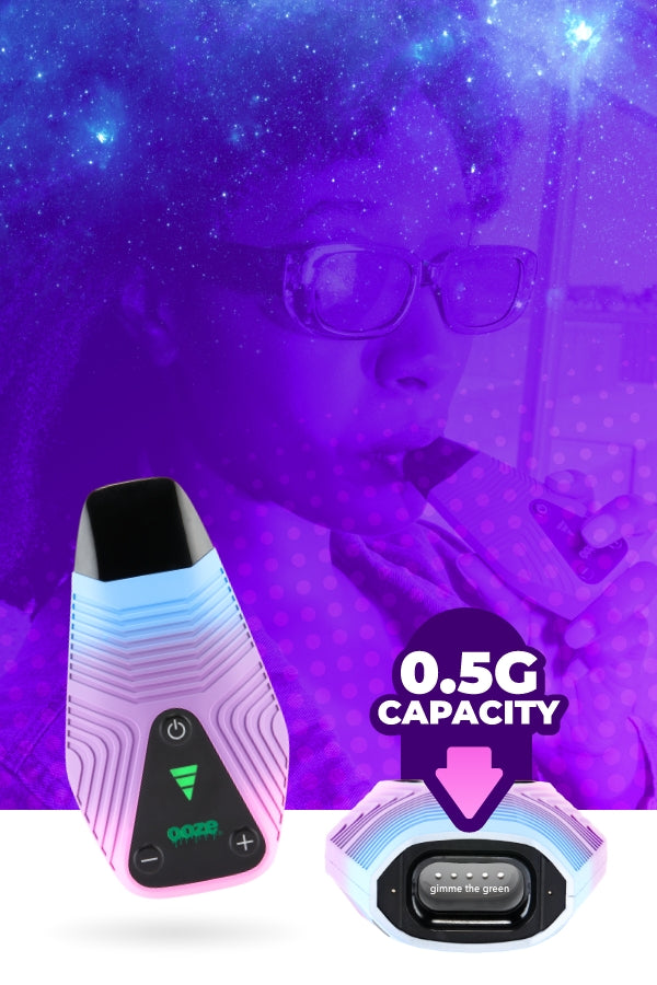 Twilight Ooze Brink Dry Herb Vaporizer Push featuring a 0.5 gram capacity heating chamber. 2 Ooze Brinks appear on a white table, one is tipped forward with the phrase 'gimme the green' inside. The background include a purple gradient over a lifestyle image of a young woman in sunglasses using an Ooze Brink.