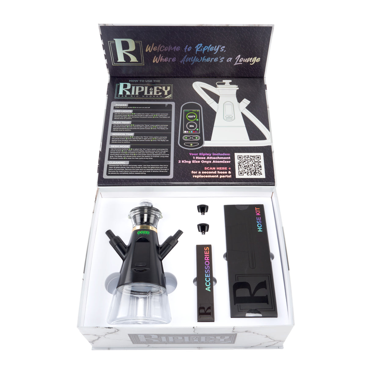 Inside view of the Black hookah dab rig product box with all the features and specific items included