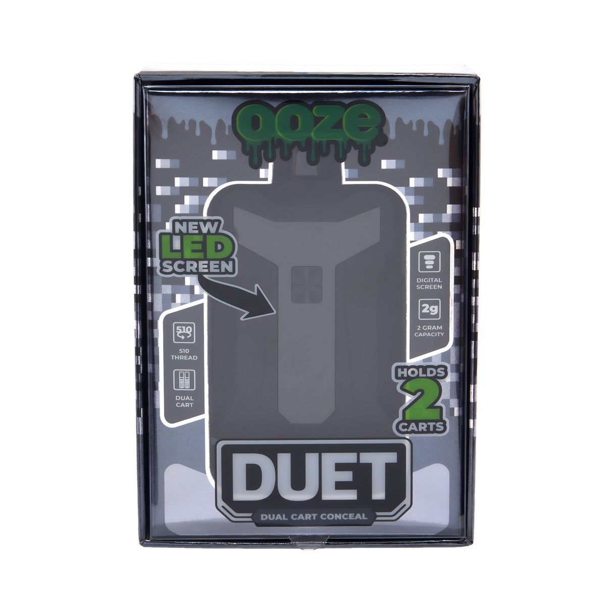 Front shot of Duet Black double cartridge vape in product box