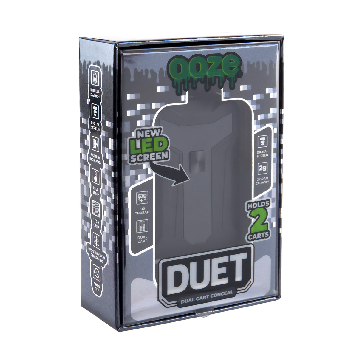 Angled shot of Duet Black double cartridge vape in product box