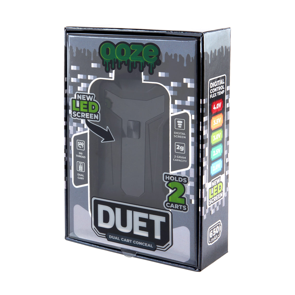 Side shot of Duet Black double cartridge vape in product box