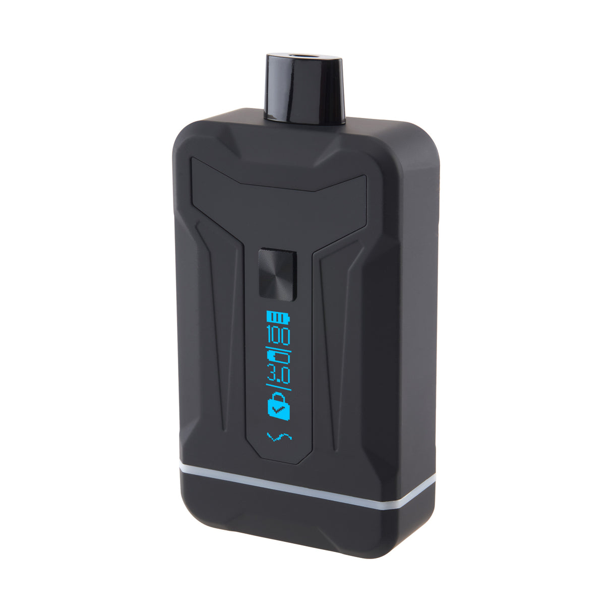 Side view of Duet Black double cartridge vape with screen turned on
