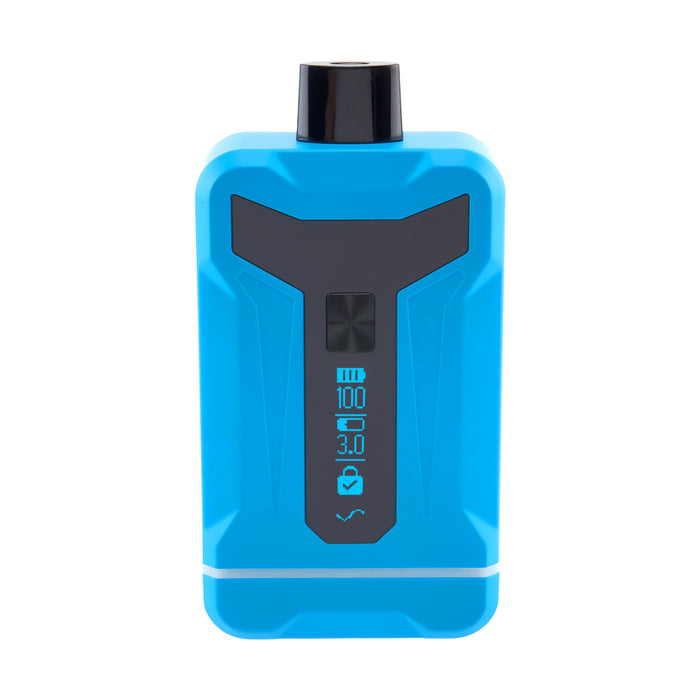 Front shot of Duet Blue double cartridge vape with screen on