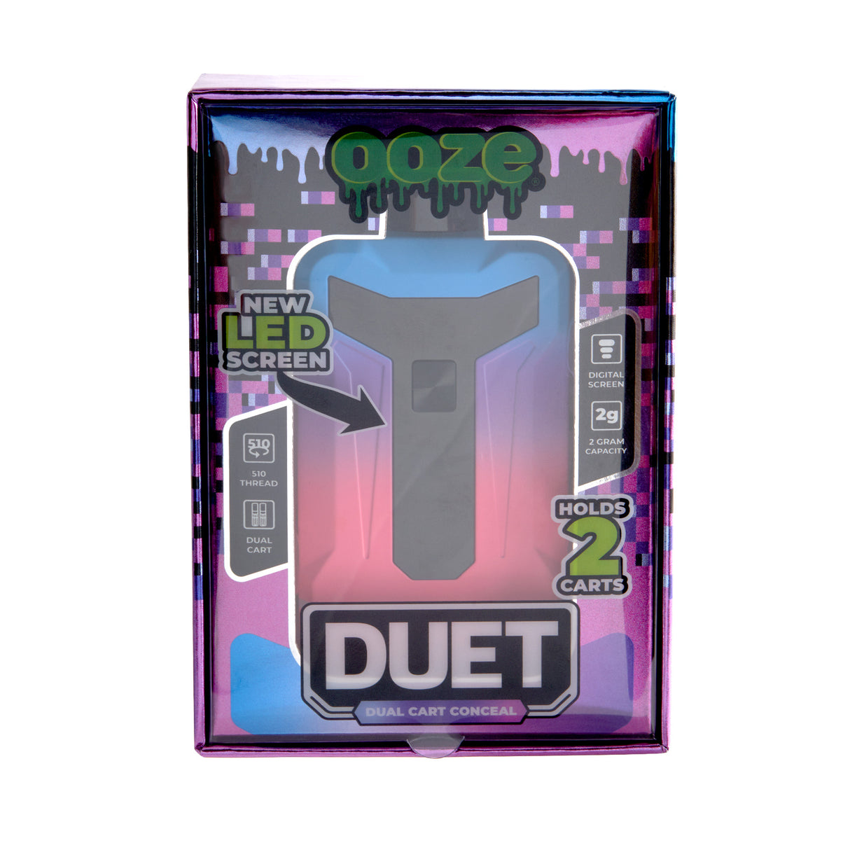 Front shot of Duet Blue and Pink Twilight double cartridge vape in product box
