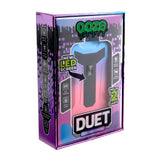 Angled shot of Duet Blue and Pink Twilight double cartridge vape in product box
