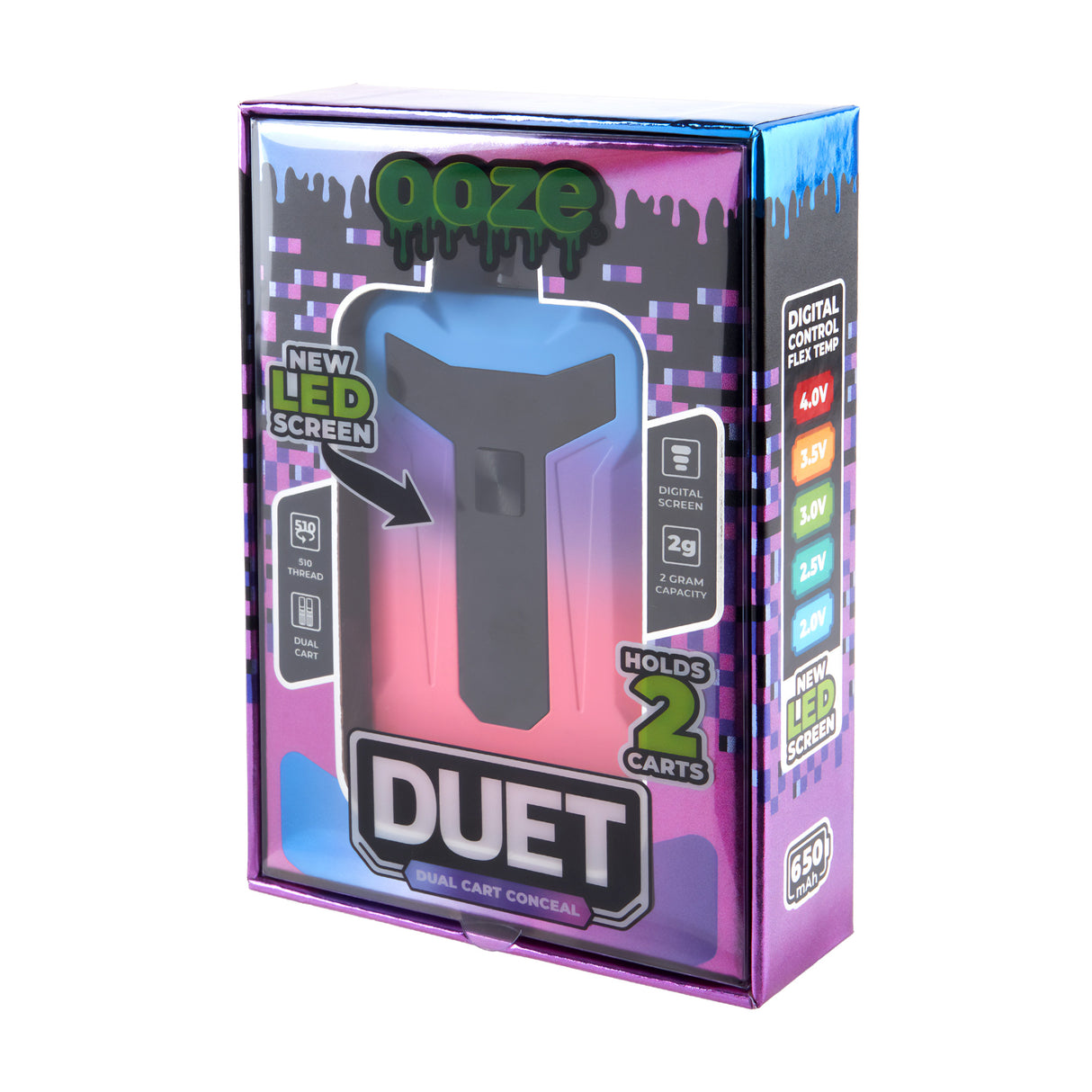 Side shot of Duet Blue and Pink Twilight double cartridge vape in product box
