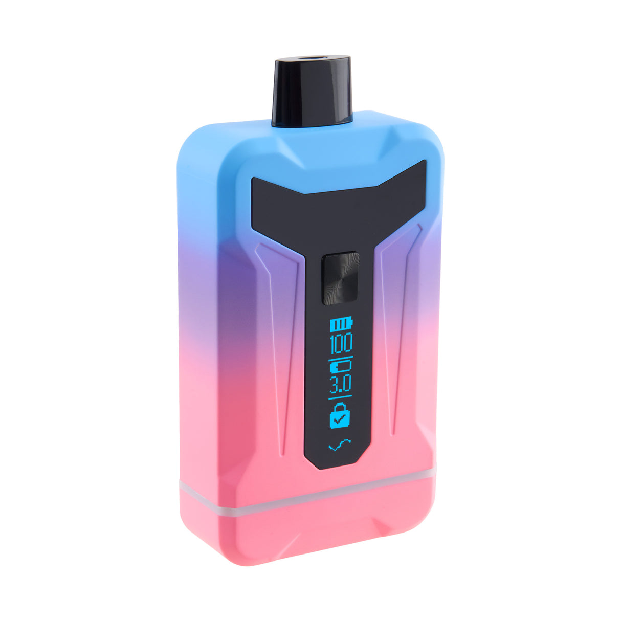 Side view of Duet Blue and Pink Twilight double cartridge vape with screen turned on