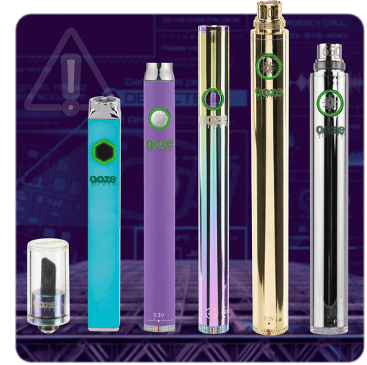 Example images of counterfeit batteries that have been found by the ooze team, placed on a futuristic purple platform in a dark purple wireframe room. The products in order from left to right are the Ooze Hot Knife, the Ooze Quad, the Ooze Slim Twist, the Ooze Twist Slim Pen 2.0, the Ooze Twist Standard Battery, and finally the Ooze Standard mAh Battery.