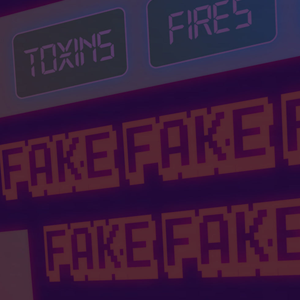 toxins, fires, waste, and the words fake fake fake are faded across a deep purple neon panel in a 3d perspective