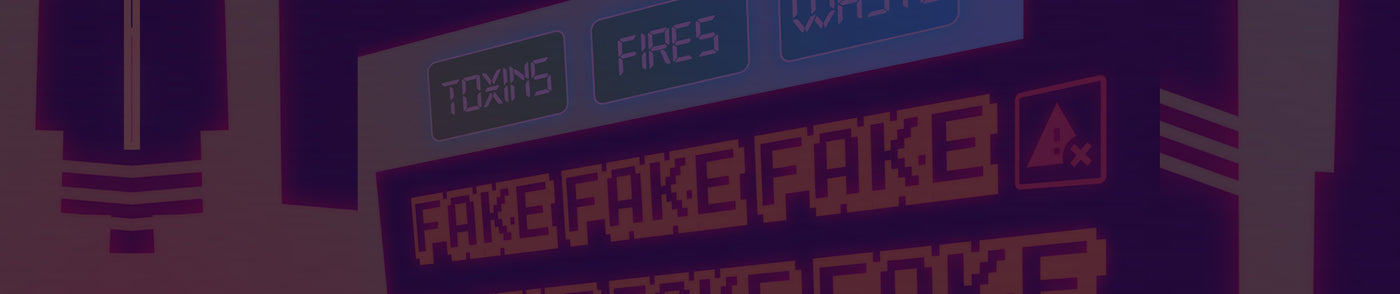 toxins, fires, waste, and the words fake fake fake are faded across a deep purple neon panel in a 3d perspective