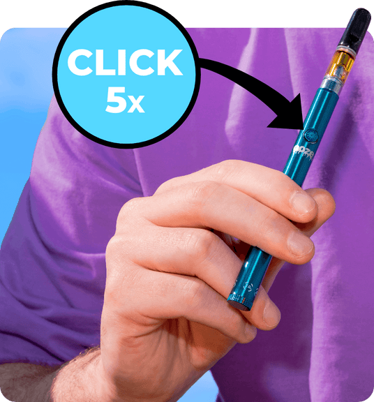 Click the Ooze Twist Slim 2.0 5 Times to turn on or off. Man in a purple shirt holding an Ooze Twist Slim Pen 2.0 Vape Battery