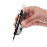 A hand is holding the chrome Ooze Pronto dab straw on a slight angle against a white background.